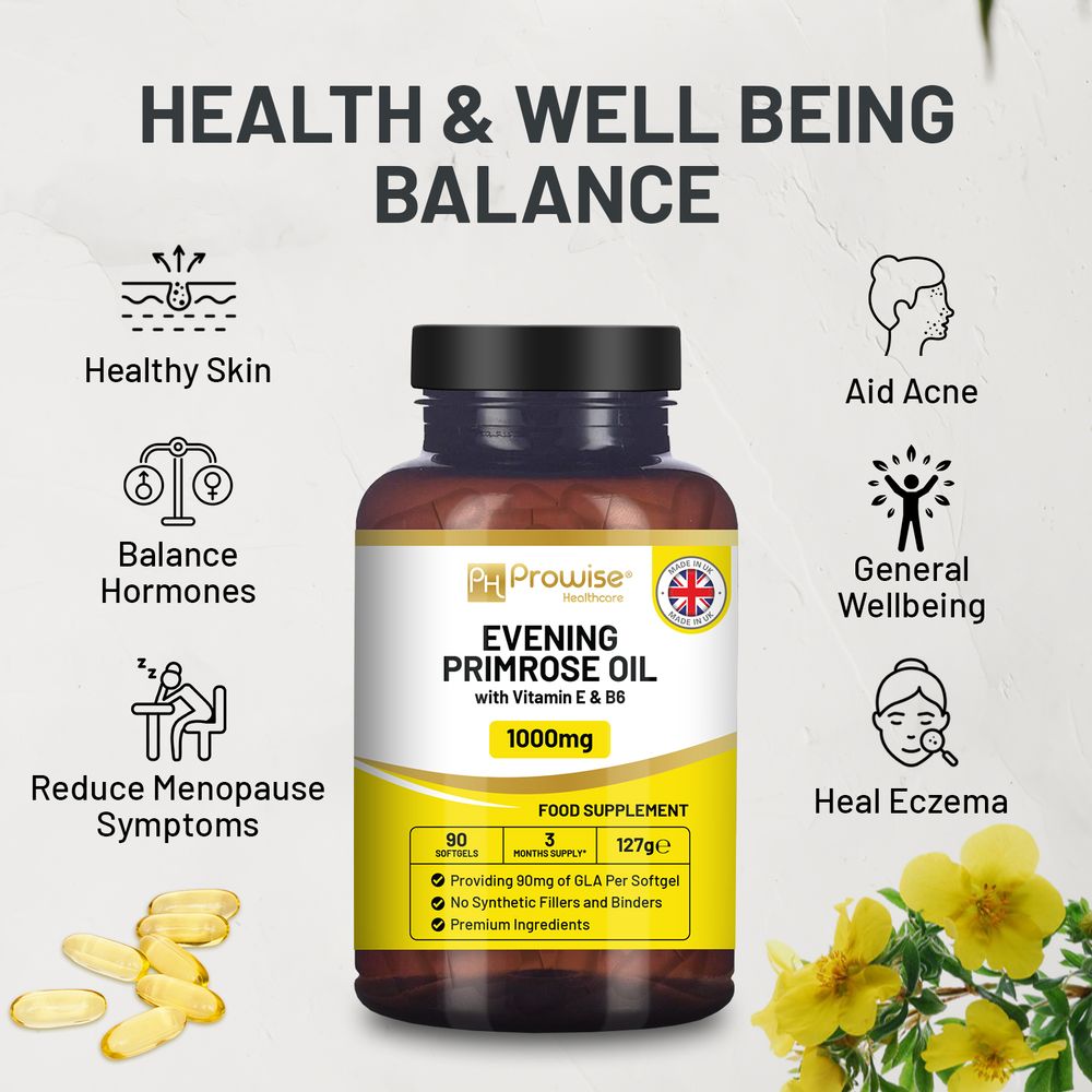 Evening Primrose Oil 1000mg | 90 Softgel Capsules | Pure Cold Pressed I 90mg GLA per Capsule I Halal Friendly