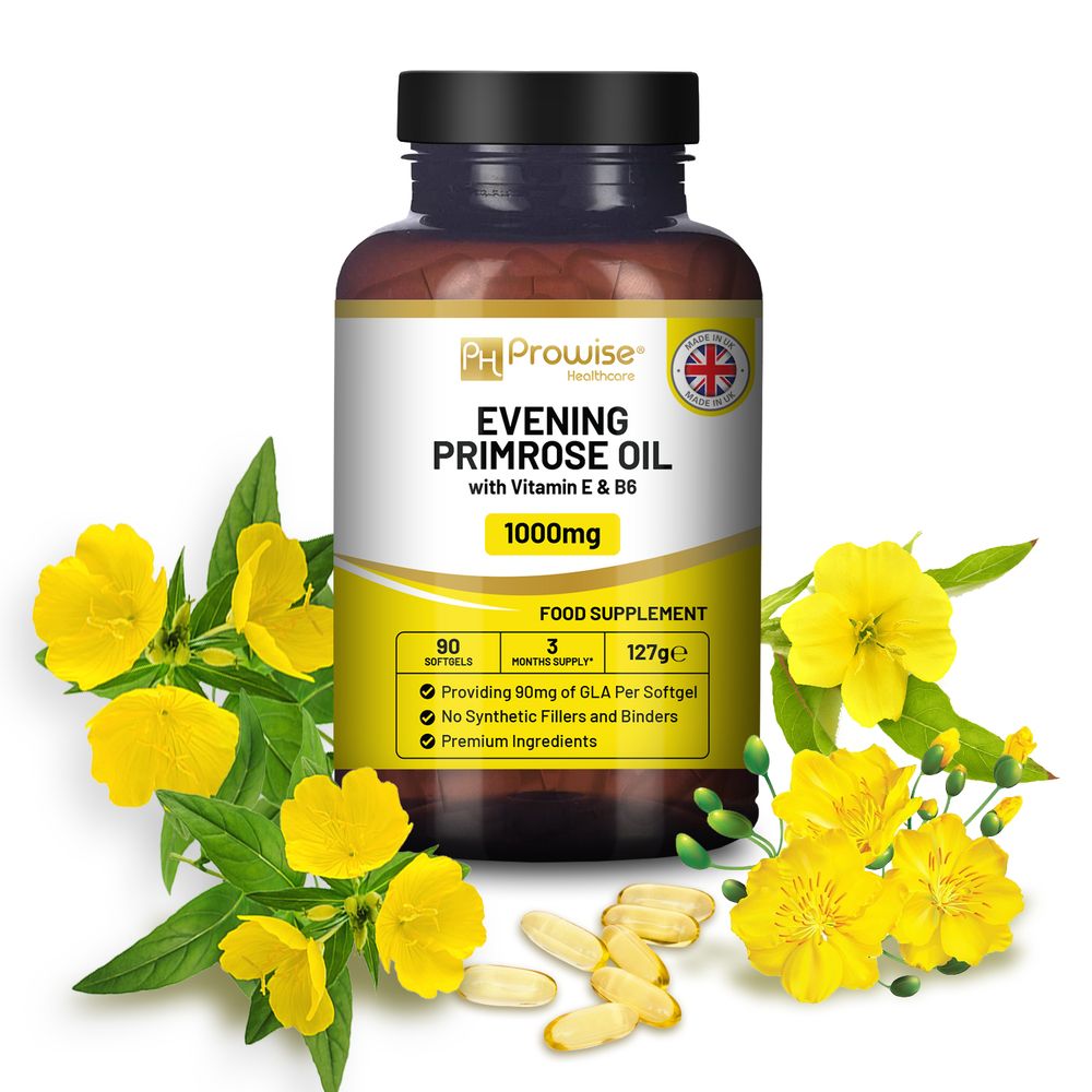 Evening Primrose Oil 1000mg | 90 Softgel Capsules | Pure Cold Pressed I 90mg GLA per Capsule I Halal Friendly