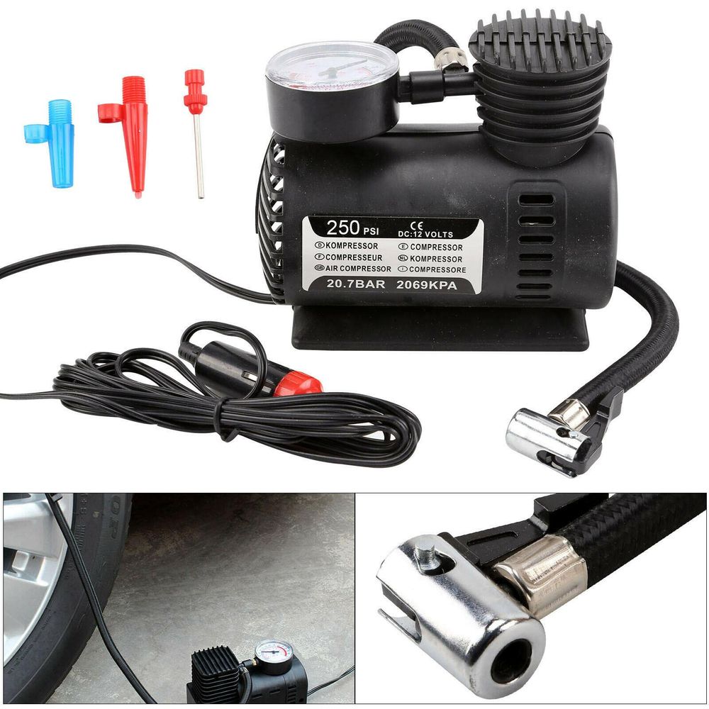 12V Portable Pump Bike Car Van Tyre Inflator Gauge Mini Air Compressor Airhose